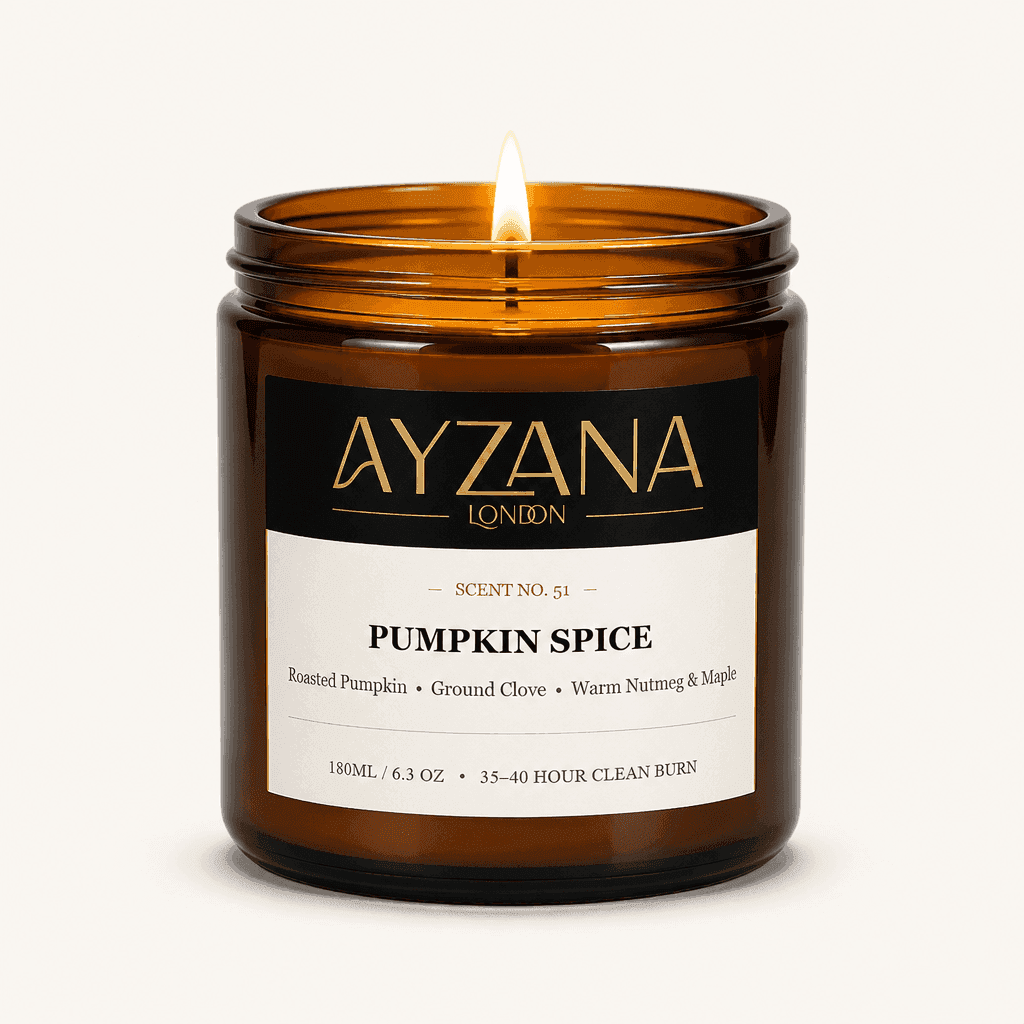 NO. 51 Pumpkin Spice Hand-Poured Natural Soy Candle Amber Apothecary Glass Jar - AYZANA London
