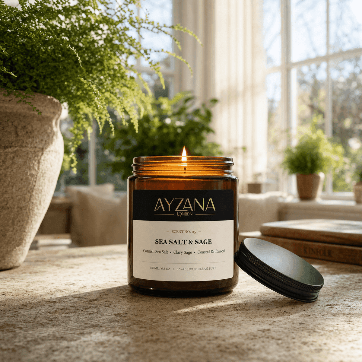 NO. 05 Sea Salt & Sage Hand-Poured Botanical Soy Candle Townhouse Atmosphere - AYZANA London