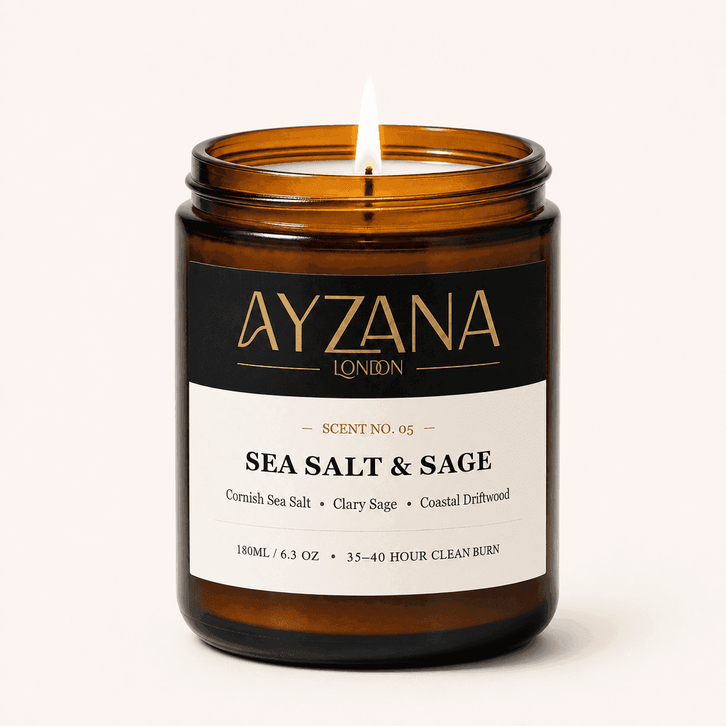 NO. 05 Sea Salt & Sage Hand-Poured Natural Soy Candle Amber Apothecary Glass Jar - AYZANA London
