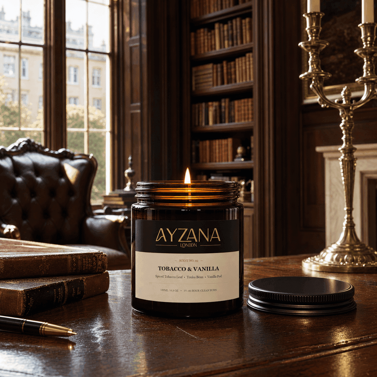 NO. 02 Tobacco & Vanilla Hand-Poured Botanical Soy Candle Townhouse Atmosphere - AYZANA London