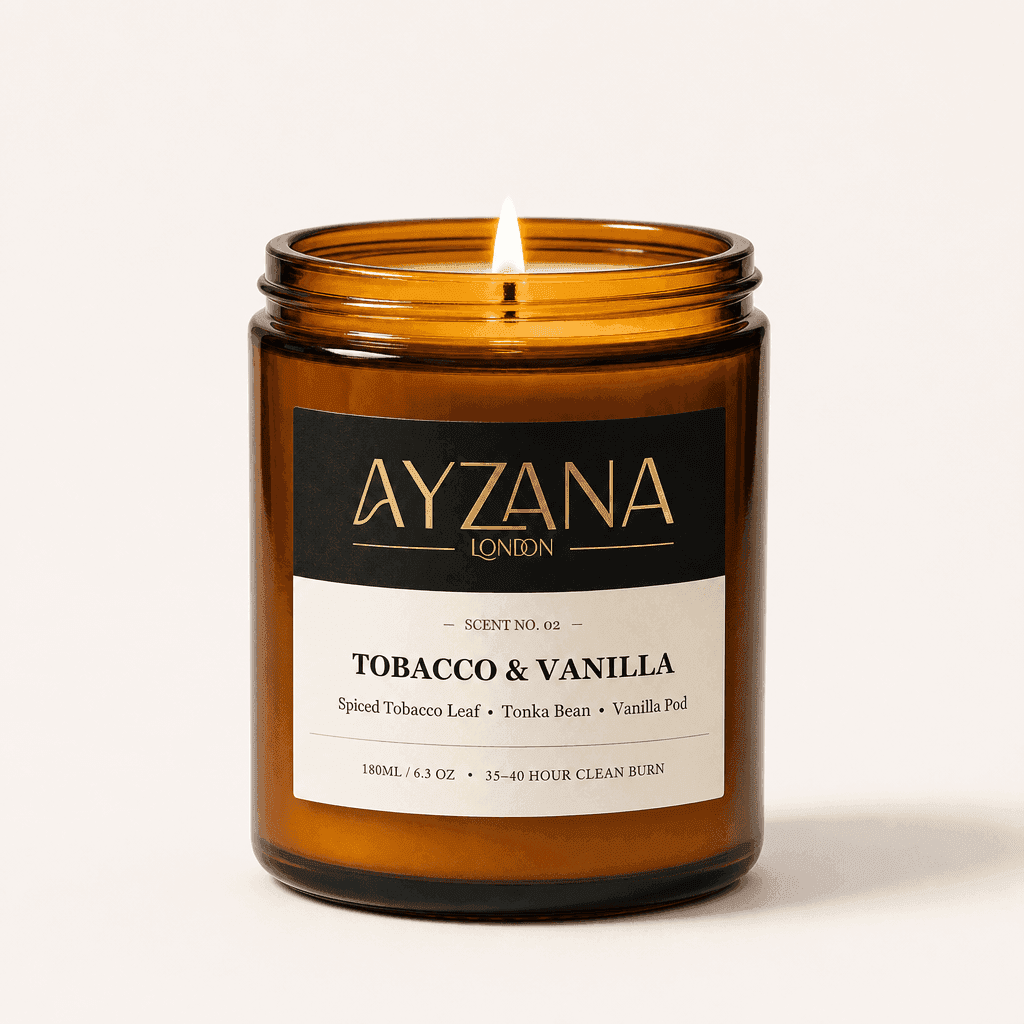 NO. 02 Tobacco & Vanilla Hand-Poured Natural Soy Candle Amber Apothecary Glass Jar - AYZANA London