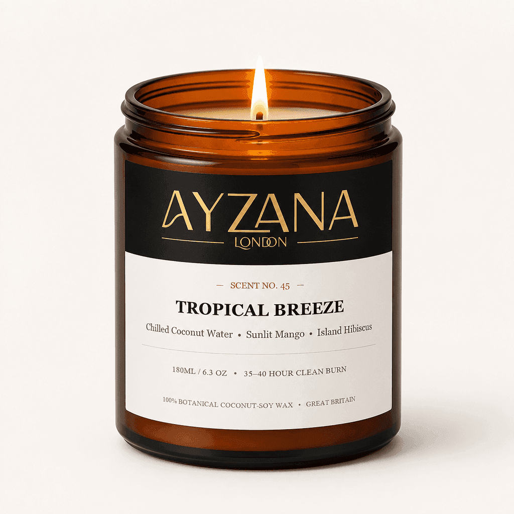 NO. 45 Tropical Breeze Hand-Poured Natural Soy Candle Amber Apothecary Glass Jar - AYZANA London