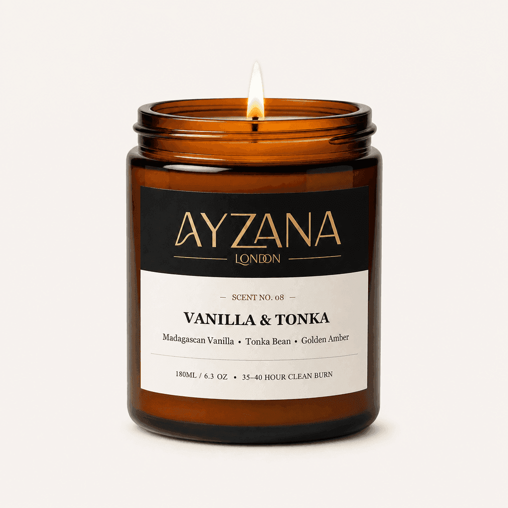 NO. 08 Vanilla & Tonka Hand-Poured Natural Soy Candle Amber Apothecary Glass Jar - AYZANA London