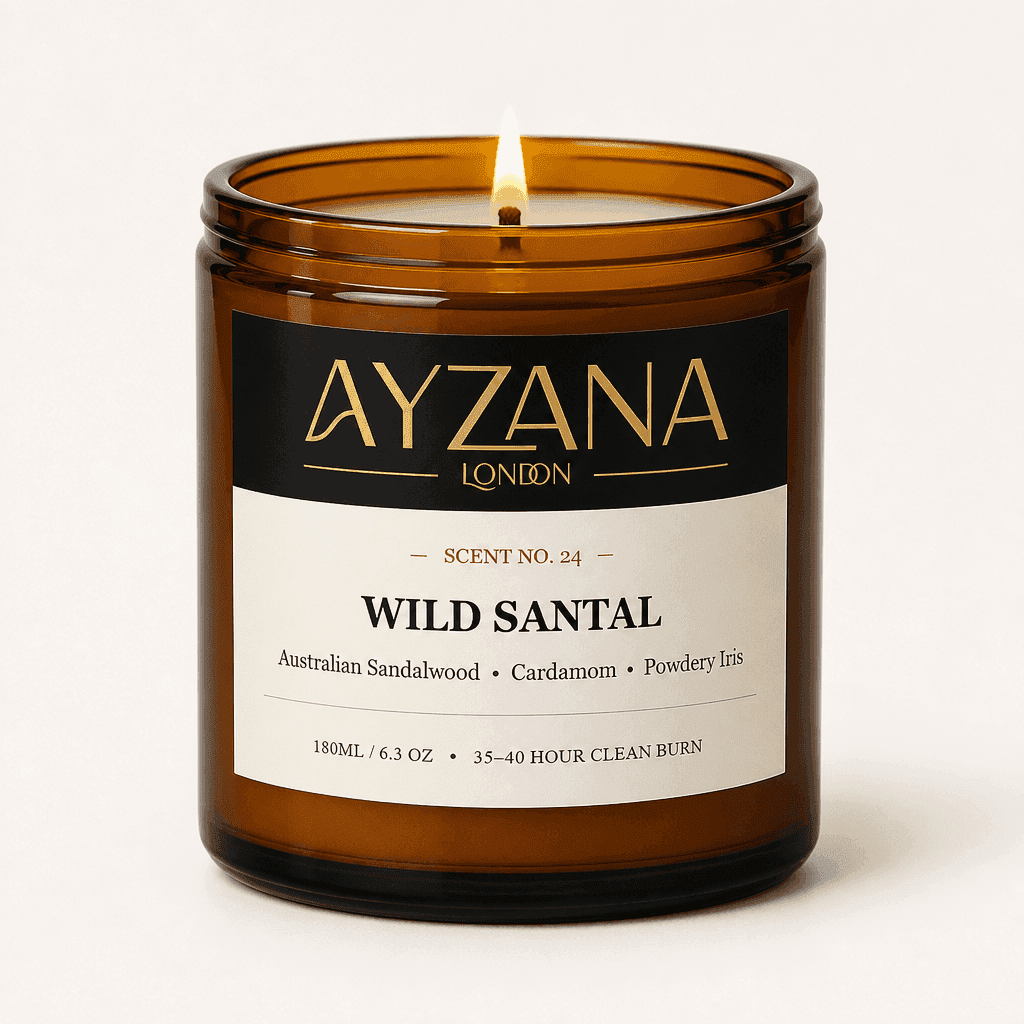 NO. 24 Wild Santal Hand-Poured Natural Soy Candle Amber Apothecary Glass Jar - AYZANA London